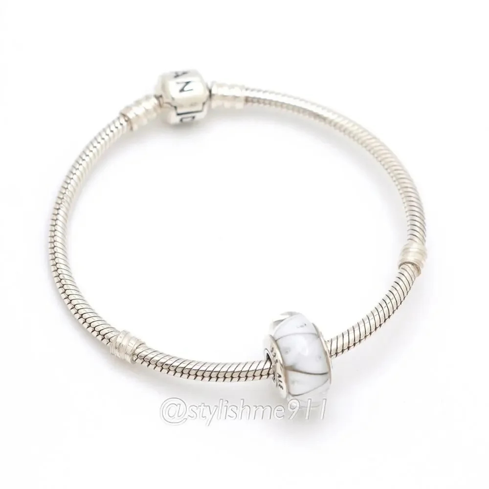 Authentic PANDORA Sterling Silver White Zig-Zag Murano Glass Bead Charm
